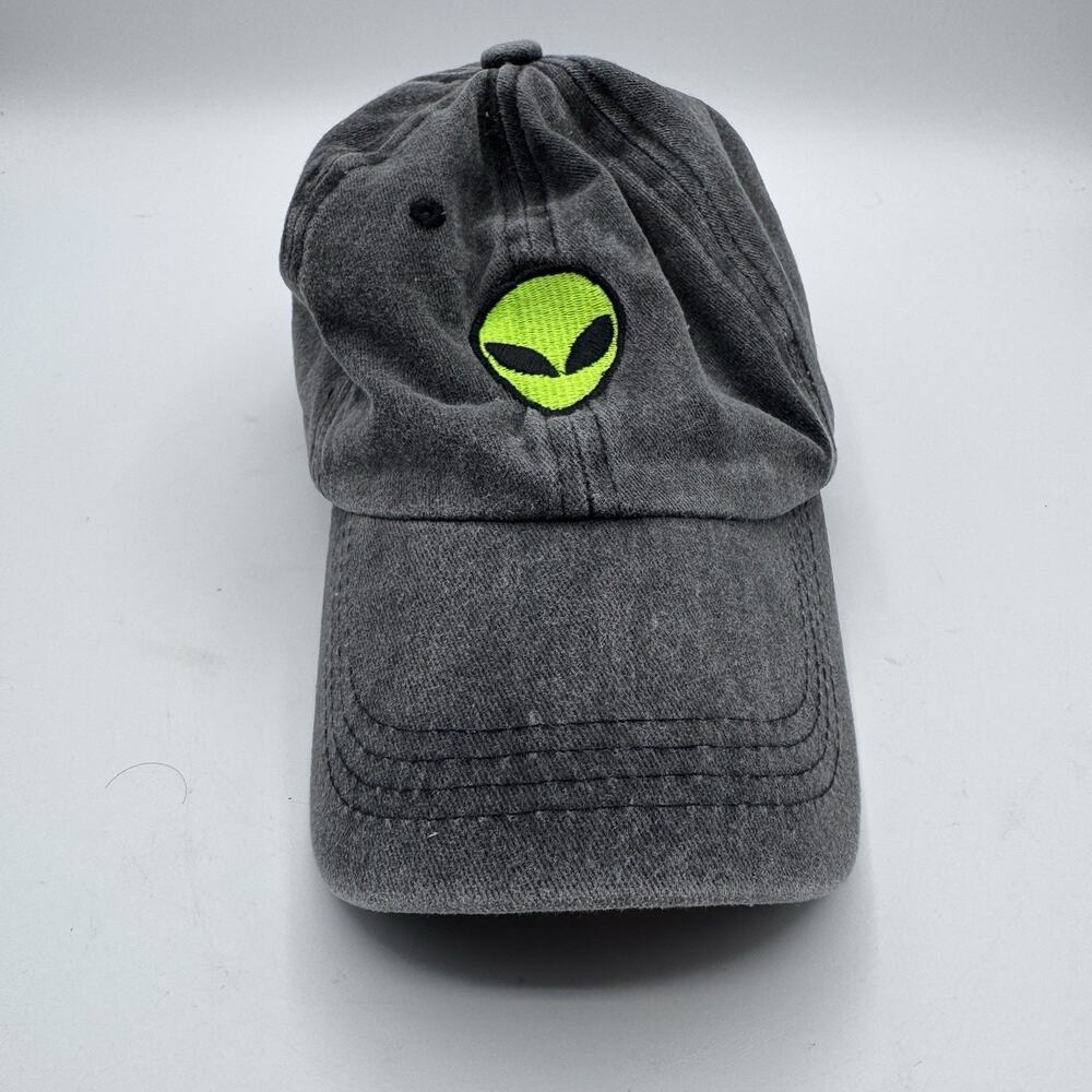 Alien Head Embroidered Baseball Cap Gray Washed Cotton Adjustable Dad Hat UFO